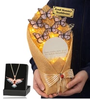 Kişiye Özel Premium Hediye Led Işıklı Aynalı Kelebek Buketi ve Renkli Anka Kuşu Kolye (Beyaz)
