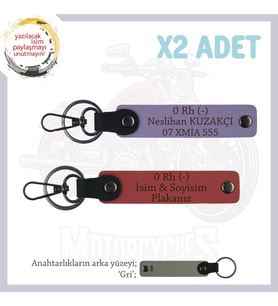 Motosiklet Maceracılarına, İsim Plaka ve 0 Rh (-) Yazılı x2' li Deri Anahtarlık, Nar Çiçeği-Mor-Gr (Çok Renkli)