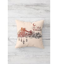 Beyaz Eid Mubarak Ramazan Tema Çift Tarafı Baskılı Gizli Fermuar Yastık Kılıfı Kırlent Yastık Kılıfı (Krem)
