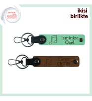 Nota Temalı Sevimli Hediye, İsme Özel Deri Anahtarlık Takımı, x2' li, Açık Yeşil-Açık Kahve