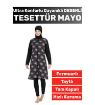 Premium Yüksek Kalite Konforlu Fermuarlı Tam Kapalı Yüzücü Deniz Havuz Desenli Taytlı TESETTÜR MAYO