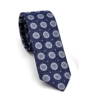 Gri Yuvarlak Desenli Lacivert Dokuma Kumaş Mendilli Slim Fit Kravat // SDK-250205