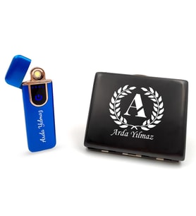 Kişiye Özel Mavi USB Dokunmatik Çakmak & Metal Tabaka Hediye Seti