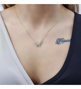 Kelebek Çift Katlı 18K Altın Kaplama Kolye (Karışık)