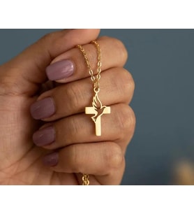 Kişiye Özel 925 Ayar Gümüş Tasarım Haç ve Kuş Model Kolye (Gold)