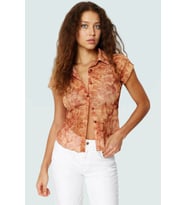Şık Çiçek Desenli Tül Bluz Rahat Vücut Oturan Kısa Kollu Polyester Örme Günlük Kullanım İçin (Çok Renkli)