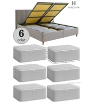 6 Adet - Gri Kapitoneli Büyük Boy Hurç Seti - Baza Altı Ve Çekyat Tipi Hurç - 60 x 40 x 22 Cm