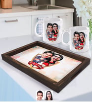 BK Gift Kişiye Özel İsimli Sevgililer Karikatürlü Doğal Ahşap Tepsi ve 2’li Kupa Bardak Seti-1