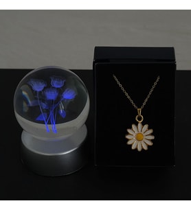 Papatya Kolye Altın Kaplama Özel Kutuda & Güller Model Cam Küre Işıklı Standlı Set