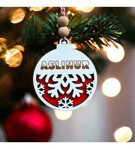 Kişiselleştirilebilir İsim Yazılabilir Kar Tanesi Desenli Kırmızı Beyaz Yılbaşı Ağaç Süsü, Noel Süsü