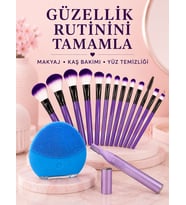 Kadın Güzellik Seti 12’li Mor Makyaj Fırçası Kaş Düzeltici ve Silikon Yüz Temizleme Cihazı Cilt Bakım Seti