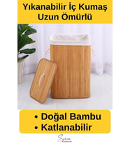 Kapaklı El Yapımı Dekoratif Modern Doğal Ahşap Bambu Banyo Kirli Çamaşır Sepeti 40 X 30 X 60 Cm