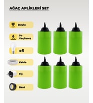 Hazır Set Yeşil Silindir Ağaç Feneri - 6 Adet (Sarı Işık Ampul, Kablo, Fiş ve Bant Dahil)