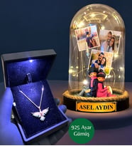 Premium Işıklı Kutuda 925 Ayar Zümrüdü Anka Kuşu Kolye ve Kişiye Özel Led Işıklı Fanus (Model 8)