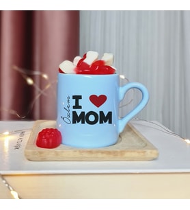 I Love Mom ( Seni Seviyorum Annem ) Tasarımlı Kişiye Özel Mavi Türk Kahvesi Fincanı