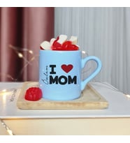 I Love Mom ( Seni Seviyorum Annem ) Tasarımlı Kişiye Özel Mavi Türk Kahvesi Fincanı