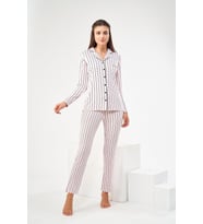 PJS 22447 Kadın Çizgili Düğmeli Pijama Takım (Pudra)