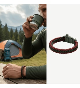 Pusulalı Çakmaklı Taktik Paracord Bileklik - Bordo Yeşil Kamuflaj Desen - Kamp ve Doğa Sporları İçin