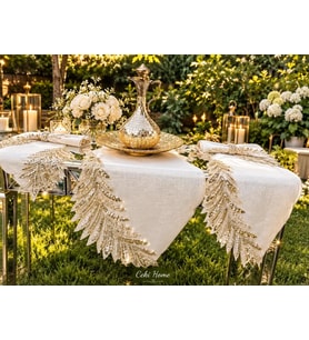 Boncuklu Taşlı Keten Rose Model El İşlemeli Şık Çeyizlik Runner Krem Renk