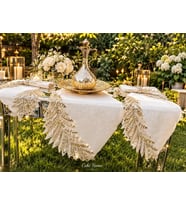 Boncuklu Taşlı Keten Rose Model El İşlemeli Şık Çeyizlik Runner Krem Renk