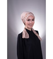Bej Pratik Hazır Geçmeli Tesettür Bone Sandy Kumaş Desenli Şifon Kemerli 1205D_12