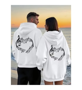 Sevgili Çift Kombin Hoodie Notalı Kalp Baskılı Oversize Kapüşonlu Sweatshirt 2’li Set Unisex 3 İplik (Beyaz)