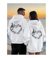 Sevgili Çift Kombin Hoodie Notalı Kalp Baskılı Oversize Kapüşonlu Sweatshirt 2’li Set Unisex 3 İplik (Beyaz)