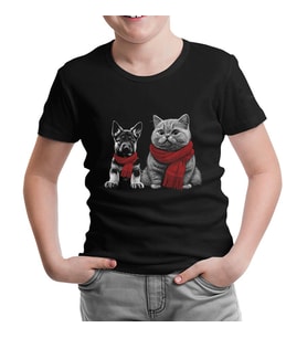 Baby Dog and a Cat Wearing Scarves Siyah Çocuk Tshirt