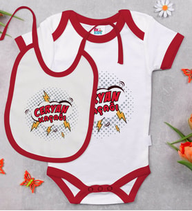 BK Kids Ceryan Kaçağı Tasarımlı Kırmızı Bebek Body Zıbın ve Mama Önlüğü Hediye Seti-2