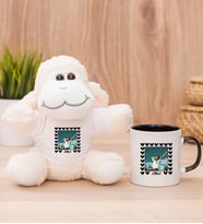 Kişiye Özel Kalp Detaylı Fotoğraflı  Peluş Koyun ve Siyah Kupa