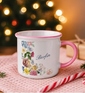 BK Gift Kişiye Özel Çiçek Tasarımlı Pembe Emaye Kupa Bardak -8, Arkadaşa Hediye, Sevgiliye Hediye