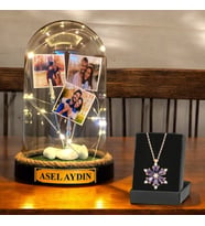 Size Özel İsimli ve 3 Fotoğraflı Led Işıklı Fanus & Lotus Kolye  Işıklı Fanus
