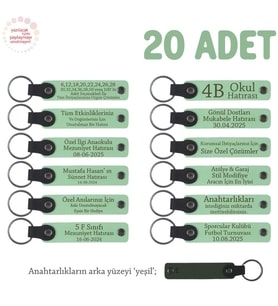 Açık Yeşil & Yeşil, Sınıf Öğretmeninden Mesajlı Karne Hatırası Anahtarlık 20’li Set, Okul Hatırası