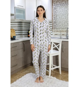 pilelistore- Kadın Pamuk Penye Önden Düğmeli Uzun Kol Pijama Takım Gri