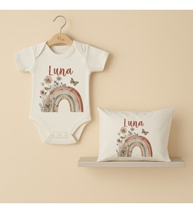 Pia Baby Premium %100 Pamuk İsme Özel Organik Baskılı Çıtçıtlı Bebek Body Ve Yastık Kılıfı 5079-19 (Ekru)