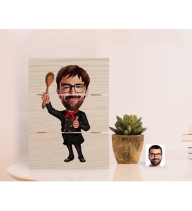 BK Gift Kişiye Özel Erkek Chef Karikatürlü Otantik Masaüstü Ahşap Palet Çerçeve-1 (Beyaz)
