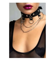 Zincir ve Halka Detaylı Şık Deri Choker Tasma Boyunluk Aksesuarı (Kırmızı)