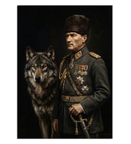 Kurtlu Atatürk Askeri Portresi Dekoratif Kanvas - Mdf Ahşap Tablo
