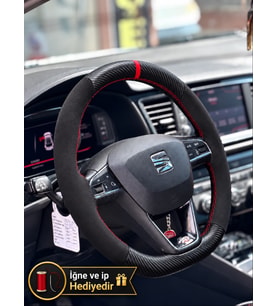 Seat Ibiza Mk5 Dikme Direksiyon Kılıfı Alcantara Süet Mat Karbon Kırmızı Yüzük ve Dikiş 2017-2021