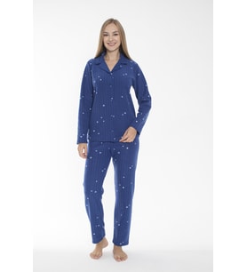 Kadın Kışlık Yıldız Desenli Önden Düğmeli Fitilli Polar Pijama Takımı Koyu Mavi