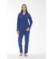 Kadın Kışlık Yıldız Desenli Önden Düğmeli Fitilli Polar Pijama Takımı Koyu Mavi