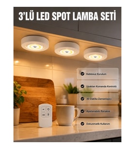Mey İthalat® Kablosuz 3 Lü Spot Led Lamba Seti Uzaktan Kumandalı Enerji Tasarruflu Aydınlatma