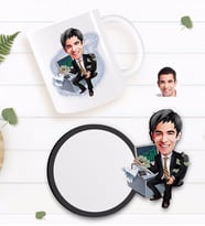 BK Gift Kişiye Özel Erkek Bankacı Karikatürlü Beyaz Kupa ve Ahşap Bardak Altlığı Hediye Seti-3