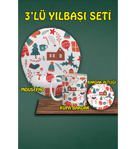 Yılbaşı Temalı 3'lü Bilek Destekli Mousepad Kupa ve Bardak Altlığı Seti