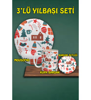 Yılbaşı Temalı 3'lü Bilek Destekli Mousepad Kupa ve Bardak Altlığı Seti