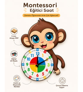 Sevimli Munki Maymun Montessori Çocuk Odası Eğitici Ahşap Duvar Saati - Sessiz Mekanizma, Şık