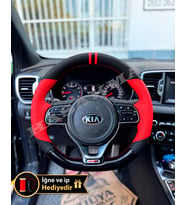 Kia Sportage QL Dikme Direksiyon Kılıfı Parlak Siyah Kırmızı Detaylı Kırmızı Çift Yüzük ve Dikiş 2015-2018