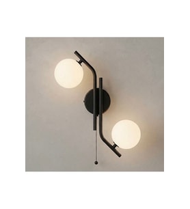 Siyah Gövdeli Çift Yönlü İkili S Kollu Model Duvar Apliği E27 Duy Mat Opal Beyaz Küre Camlı Zincirli Anahtarlı Modern zincirli aç-kapa ipli anahtarlı boncuk zincirli aplik musluk model anahtarlı