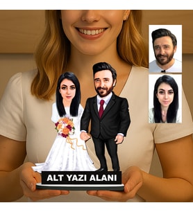 Kişiye Özel 2 Kişilik Gelin Damat Düğün Konseptli Sevgili Karikatürlü 18 cm MDF Masaüstü Biblo - Sevgiliye ve Eşe Hediye Çiftlere Özel Hediye
