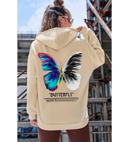 Unisex Butterfly Sırt Baskılı Sweatshirt (Bej)